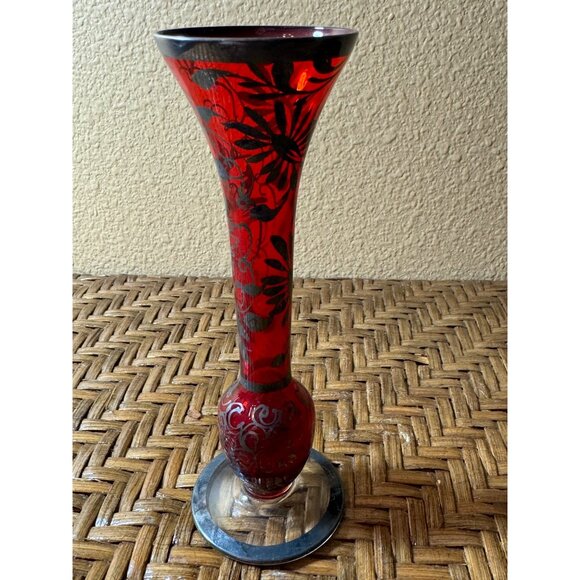 Vintage Floral Silver Over Lay Glass Bud Vase Red & Black - Picture 4 of 8